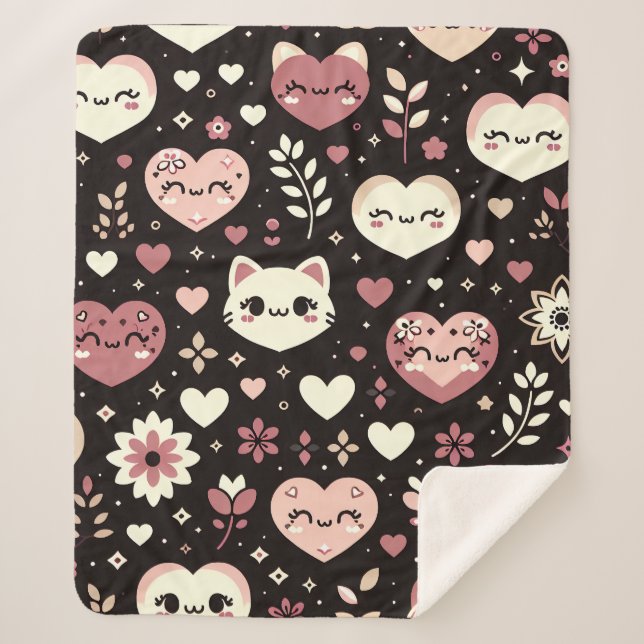 Couverture Sherpa Saint Valentin Kawaii Chats Coeurs Motif (Devant)