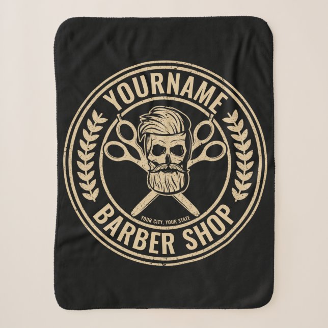 Couverture Sherpa Salon de coiffure personnalisé Skull Rockabilly (Devant)