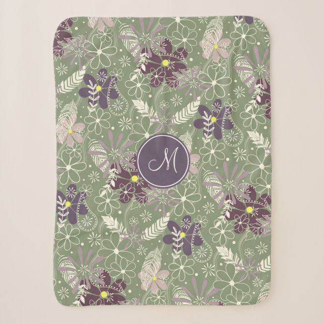 Couverture Sherpa sauge prune violet plumes lilas fleurs motif (Devant)