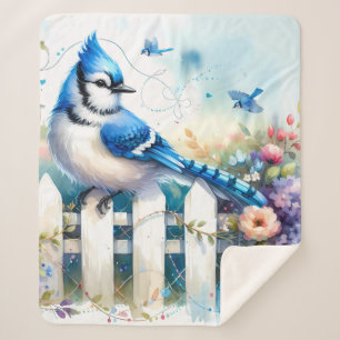 Couverture Sherpa Scène de clôture de jardin de cottage Blue Jay