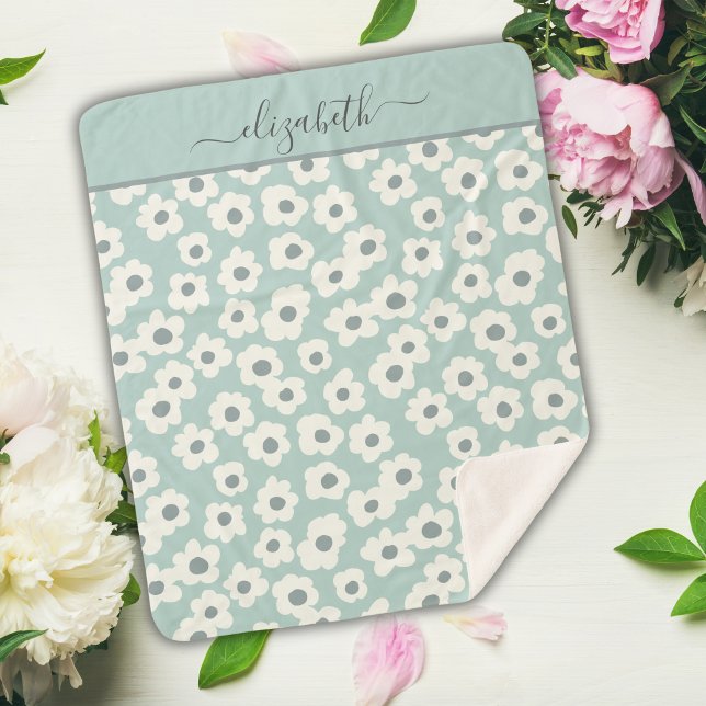 Couverture Sherpa Script Monogramme Boho vert blanc gris floral (Green white Gray Floral Boho Personalized Sherpa Blanket. Throw Blanket, Twin Bed size and Baby size)