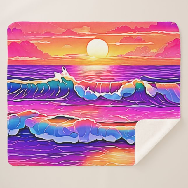 Couverture Sherpa Sérénité du coucher de soleil de la vague rétro (Devant (Horizontal))