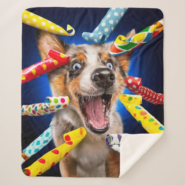 Couverture Sherpa Sifflets de fête pour chien heureux (Devant)