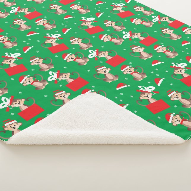 Couverture Sherpa Singe Noël Père Noël Motif Chapeau Rouge Vert (3/4)