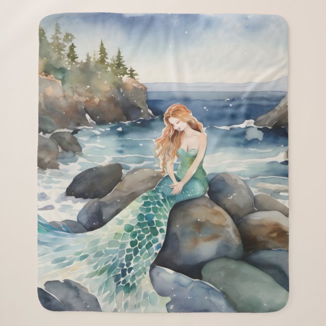 Couverture Sherpa Sirène D'Aquarelle Sur Un Rocher (Devant)