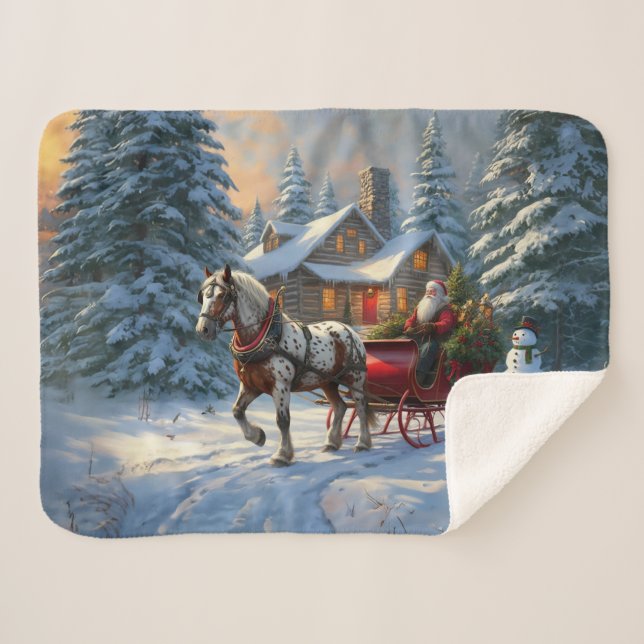 Couverture Sherpa Sleigh Père Noël à cheval de Noël (Devant (Horizontal))