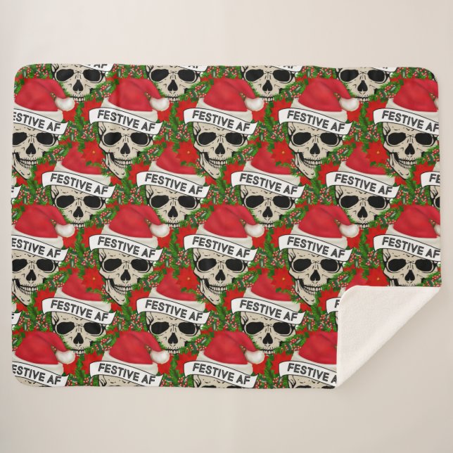 Couverture Sherpa Squelette Cool Festif AF à Santa Hat (Devant (Horizontal))