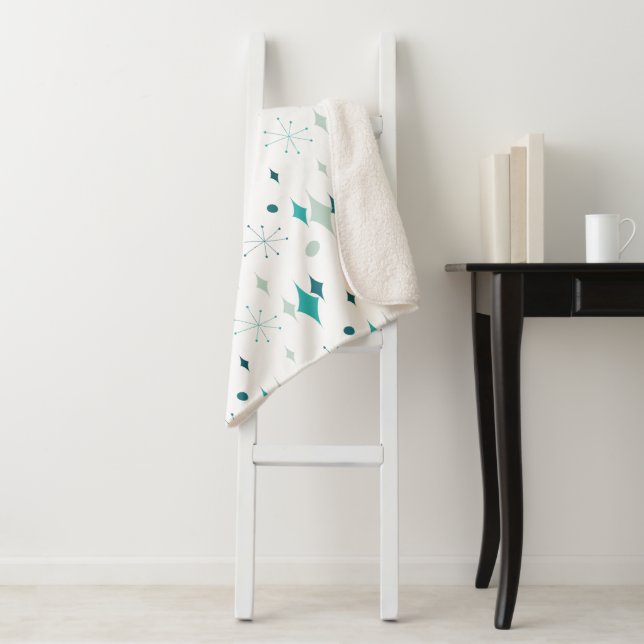 Couverture Sherpa Starburst Mid Century Motif moderne Turquoise Aqua (En situation)