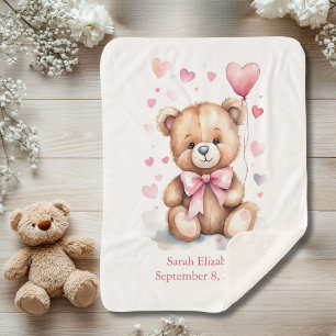 Couverture Sherpa Statistiques de naissance Ourson Rose Ruban Cœurs