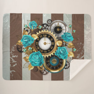 Couverture Sherpa Steampunk Clock and Turquoise Roses on Striped