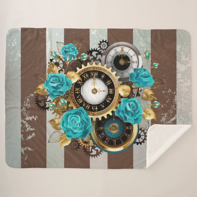 Couverture Sherpa Steampunk Clock and Turquoise Roses on Striped (Devant (Horizontal))