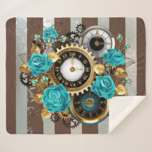Couverture Sherpa Steampunk Clock and Turquoise Roses on Striped