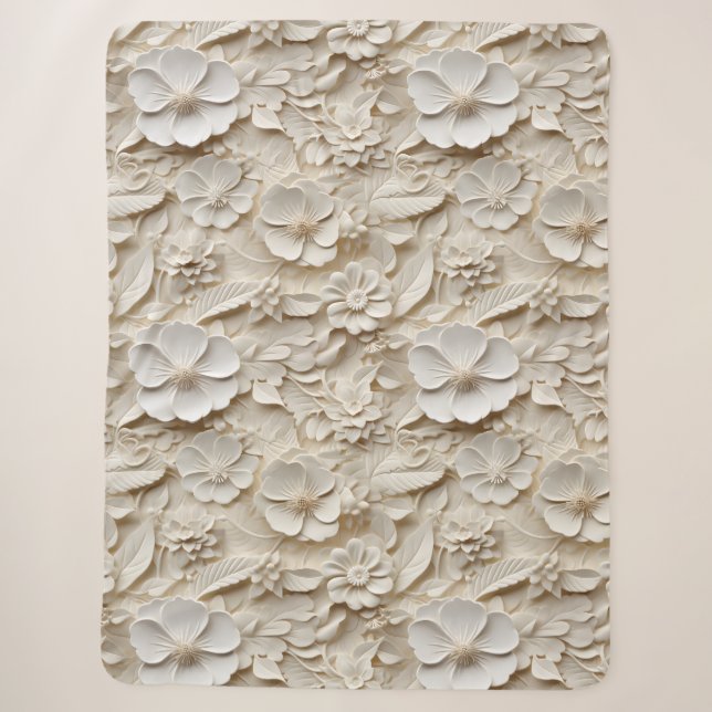 Couverture Sherpa Style 3D élégant Embossé relief floral blanc (Devant)