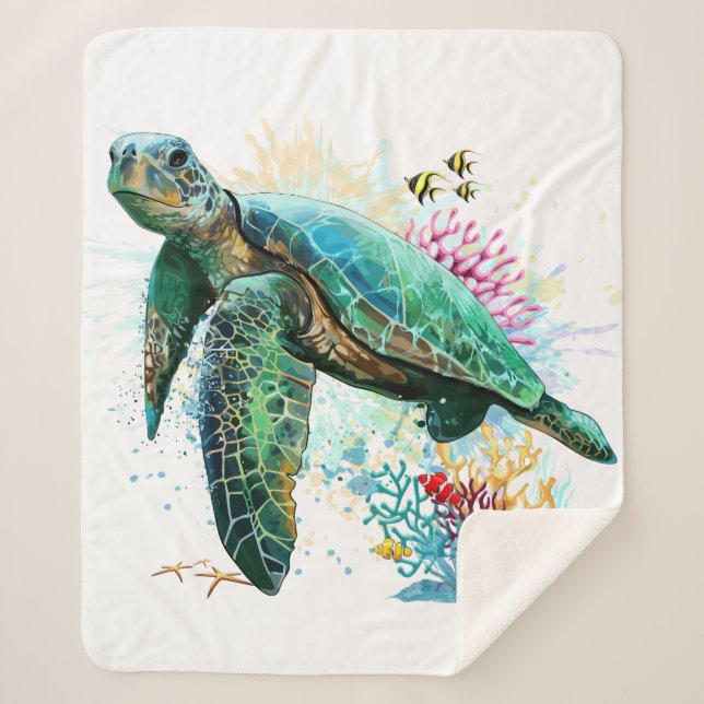 Couverture Sherpa Style d'aquarelle sous-marine de tortue marine (Devant)