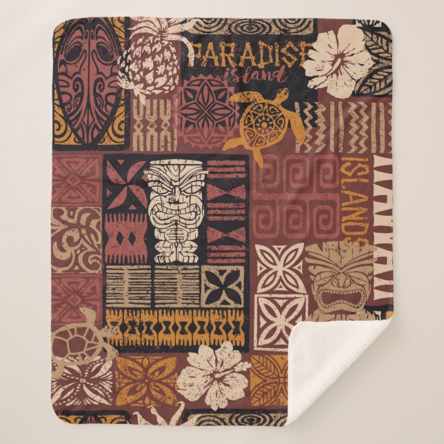 Couverture Sherpa Style hawaïen motif tribal tissu patchwork (Devant)