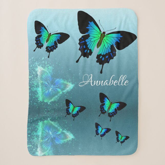 Couverture Sherpa Sublime Magnifique Aqua Turquoise Papillons (Devant)