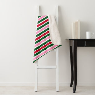 Couverture Sherpa Sucre de canne de Noël rayures en rose vert et rou