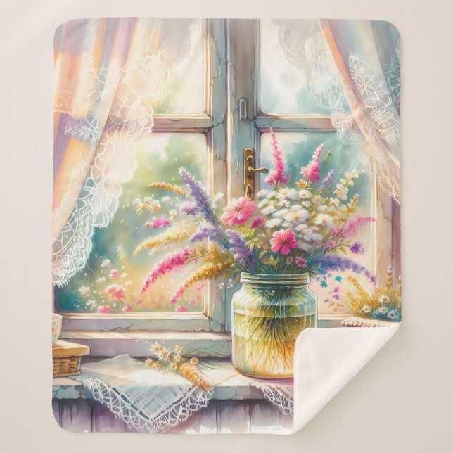 Couverture Sherpa Sunlit Cottage Window Wildflowers (Devant)