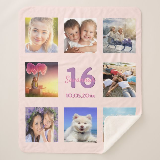 Couverture Sherpa Sweet 16 blush rose or nom photo collage (Devant)