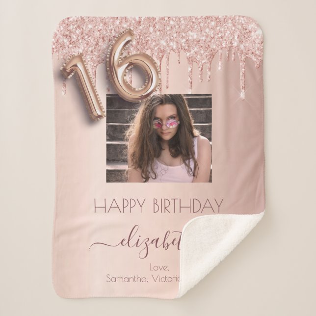 Couverture Sherpa Sweet 16 rose or photo parties scintillant amis ro (Devant)