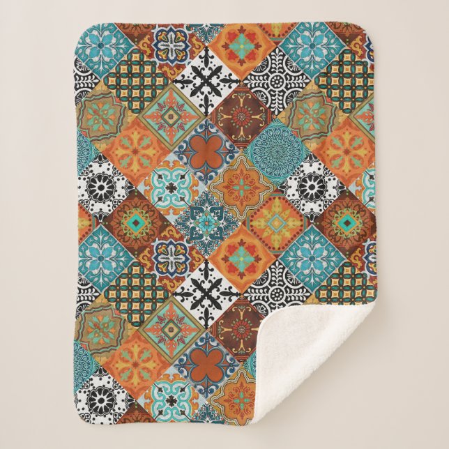 Couverture Sherpa Talavera Tles Turquoise Teal Orange Black White  (Devant)