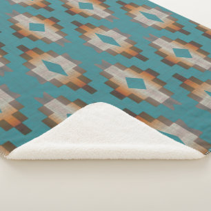 Couverture Sherpa Taupe Brown Bleu Turquoise Orange Tribal Art Motif