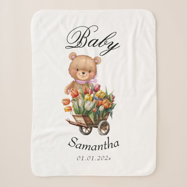 Couverture Sherpa Teddy Bear Baby shower rose Rustique Floral (Devant)