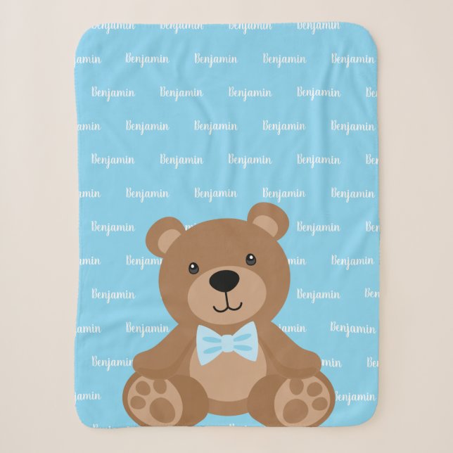 Couverture Sherpa Teddy Bear Personnalisé Nom bleu Garçon (Devant)