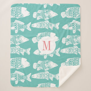 Couverture Sherpa Tendance Côtier Blanc Floral Poisson & Vert Mer
