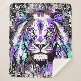 Couverture Sherpa Tête de Lion Bleu - Lion Réaliste Blanche Sherpa