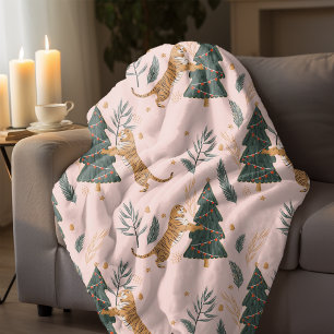 Couverture Sherpa "Tigre de Noël Vintage avec Arbre de Noël rose