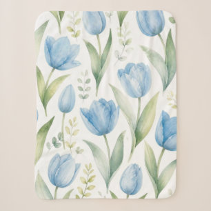 Couverture Sherpa Tulipes Bleues Peinture Florale Aquarelle Botaniqu