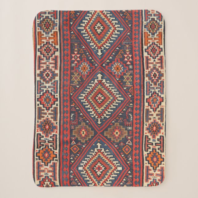 Couverture Sherpa Turquie Kilim Aztec Rouge Bleu Tan  (Devant)