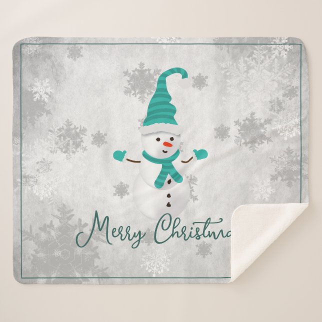Couverture Sherpa Turquoise Cute Snowman Holiday Sherpa Blanket (Devant (Horizontal))