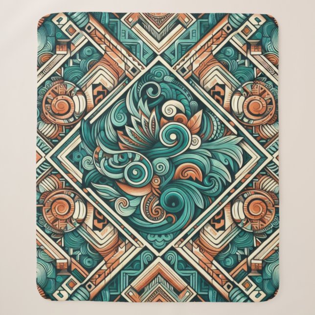 Couverture Sherpa Turquoise et Motif en terre cuite d'inspiration az (Devant)