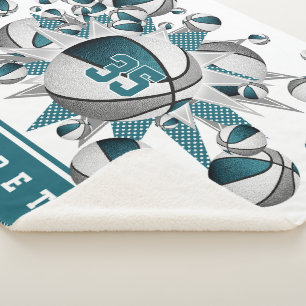 Couverture Sherpa turquoise gris filles décor sportif basket étoiles