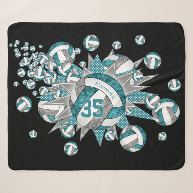 Couverture Sherpa turquoise gris girly volleyball souffle personnali (Devant (Horizontal))