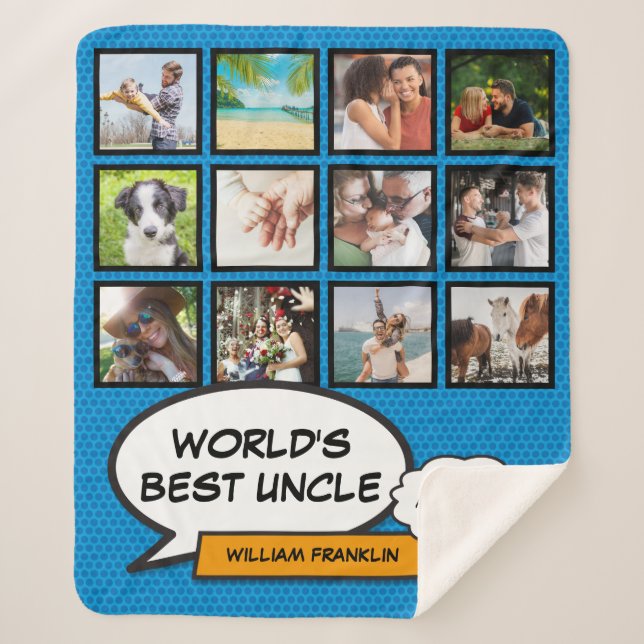 Couverture Sherpa Uncle Fun Cool moderne Comic Blue Photo Collage (Devant)