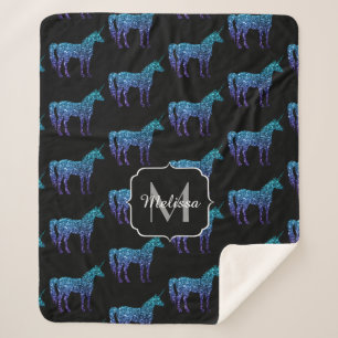 Couverture Sherpa Unicorn Sparkles aqua blue ombre motif Monogramme
