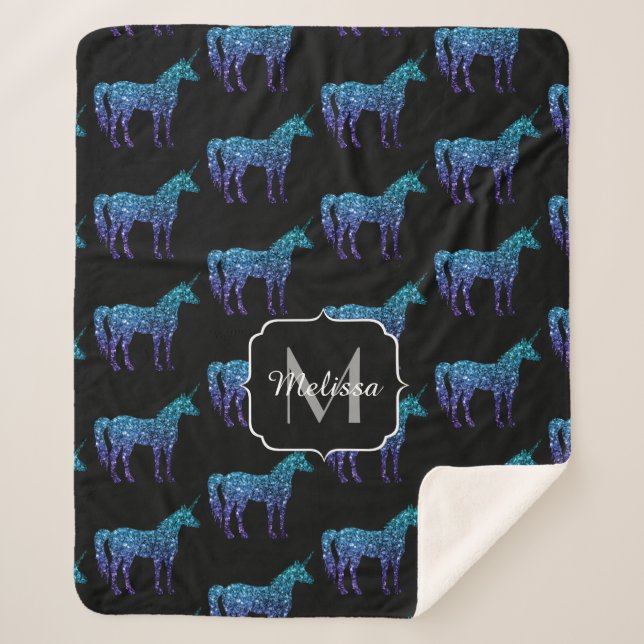 Couverture Sherpa Unicorn Sparkles aqua blue ombre motif Monogramme (Devant)