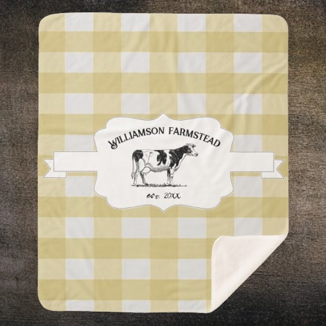 Couverture Sherpa Vache de ferme de Buffalo Jaune Vache de ferme She (Yellow Buffalo Plaid Farm Cow Personalized Sherpa Blanket)