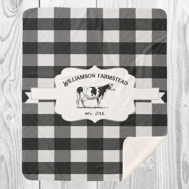 Couverture Sherpa Vache de ferme de Buffalo noir Sherpa Blanche (Black Buffalo Plaid Farm Cow Sherpa Blanket)