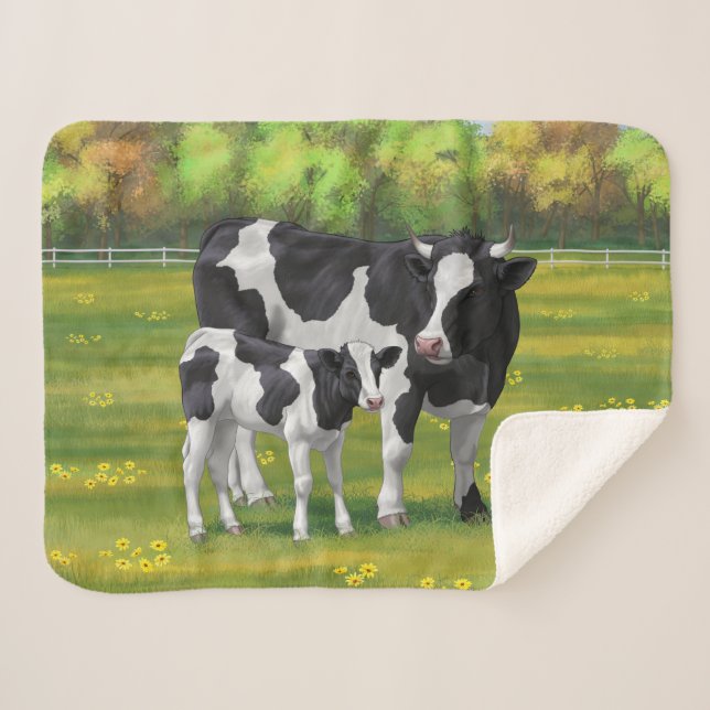Couverture Sherpa Vache Holstein et veau mignon en pâturage d'été (Devant (Horizontal))