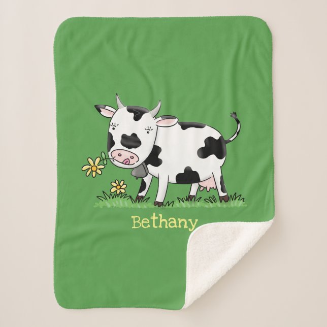 Couverture Sherpa Vache mignonne en vert dessin animé sur le terrain (Devant)