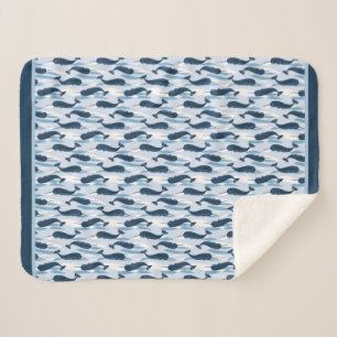 Couverture Sherpa Vagues Narwhal Allover Bleu d'impression