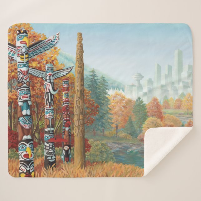 Couverture Sherpa Vancouver Sherpa Blanches Totem Art Thon Blanches (Devant (Horizontal))