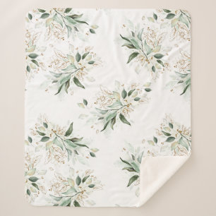 Couverture Sherpa Verdure or Feuillage Élégant Blanc Romantique