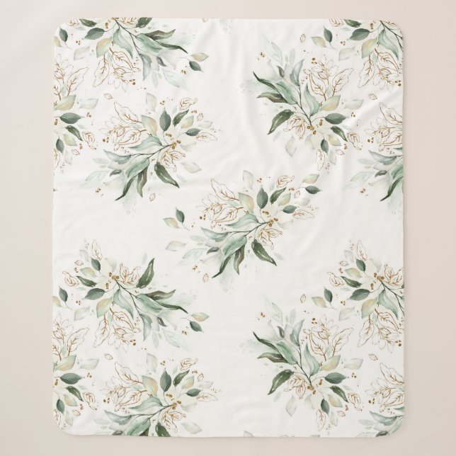 Couverture Sherpa Verdure or Feuillage Élégant Blanc Romantique (Devant)