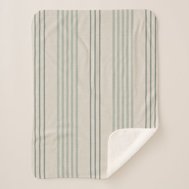 Couverture Sherpa Vert sauge classique motif rayure ticking (Devant)