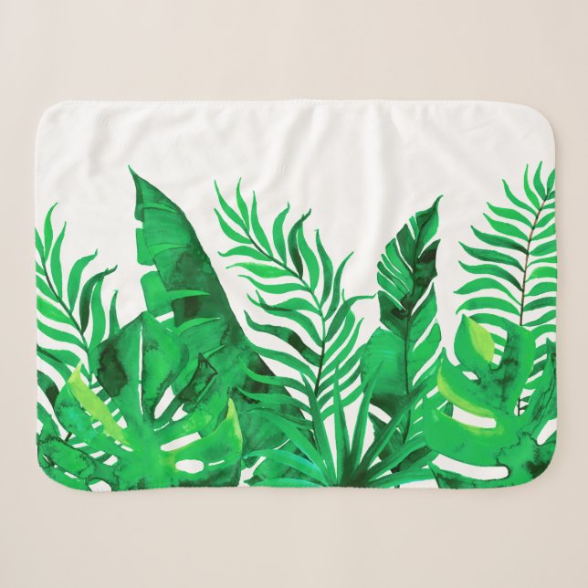 Couverture Sherpa Vert verdoyant - Foliage tropical aquarelle - (Devant (Horizontal))